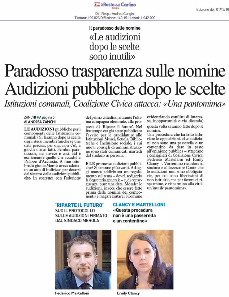 Paradosso trasparenza sulle nomine. Prima si sceglie il candidato e poi si fanno le audizione. Alla faccia della #TrasparenzaInComune