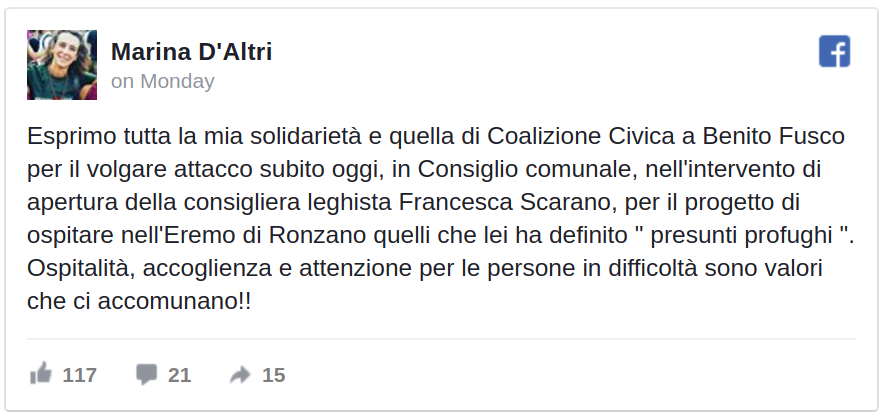 La consigliera della Lega attacca Fra Benito Fusco