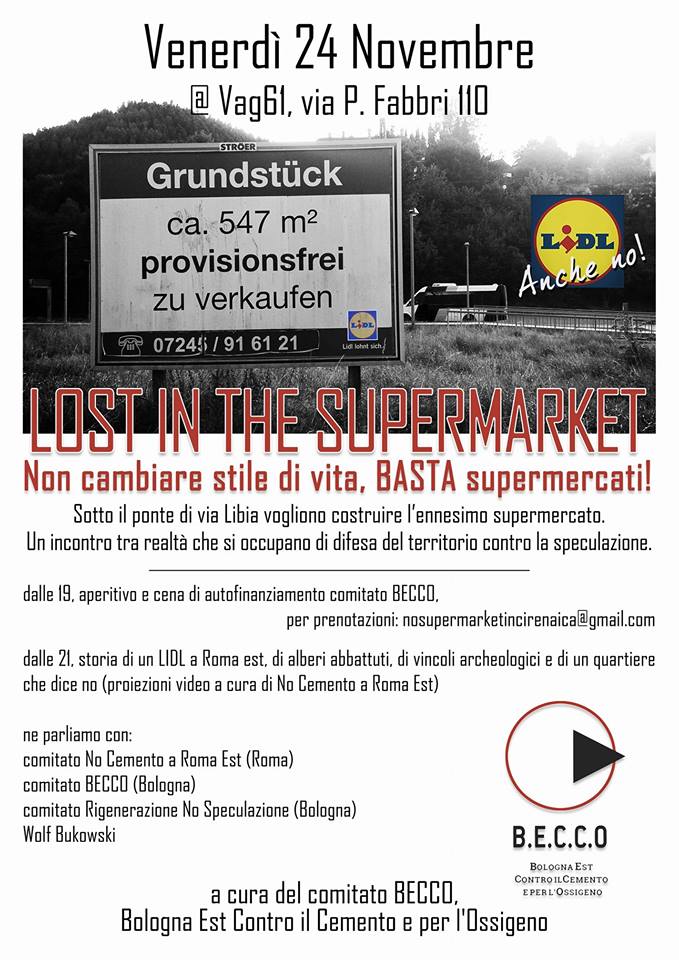 Non cambiare stile di vita, basta supermercati! Aperitivo e cena per il comitato BECCO a Vag61