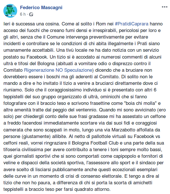 Solidarietà a Federico Mascagni, attivista del Comitato Rigenerazione NO Speculazione aggredito ieri.