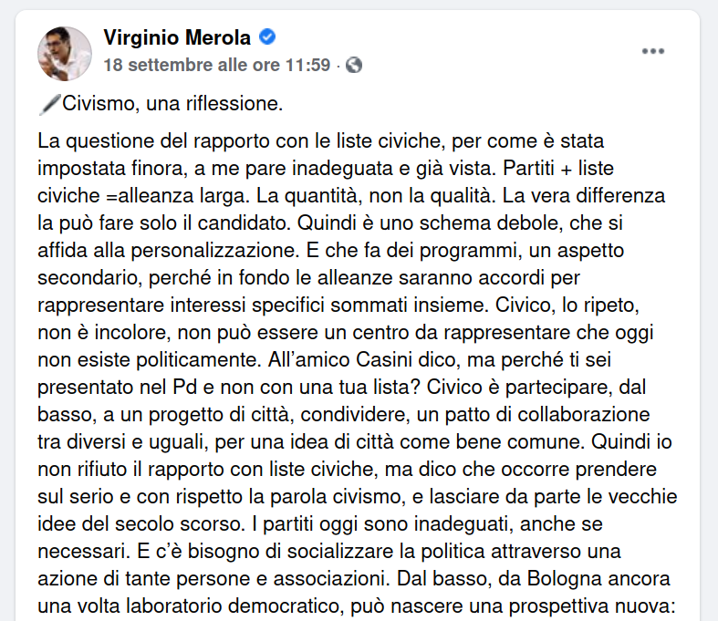 Civismo: Le dichiarazioni odierne del Sindaco di Bologna Virginio Merola giovano al dibattito sul futuro della città