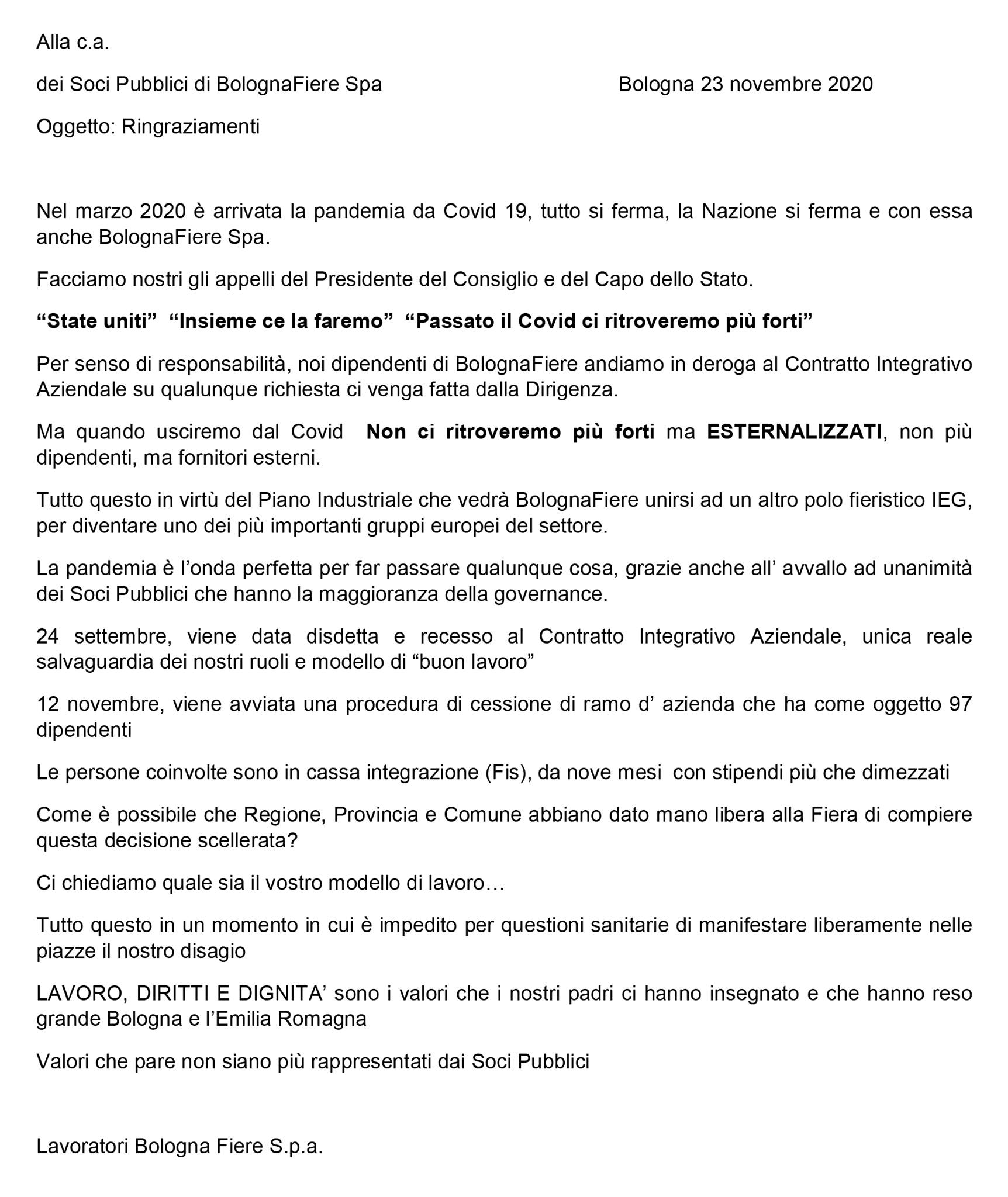 Cessione Fiera: I lavoratori e le lavoratrici ringraziano. Il nostro intervento in comune